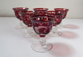 Vintage Ruby Red Cut To Clear Crystal Apertif Glasses - Running Deer - Set Of 5