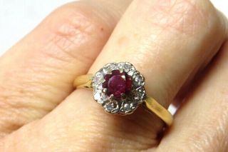 18ct Yellow Gold Ruby 0.  33ct & Diamond Cluster Engagement Ring Size K.  5 Vintage