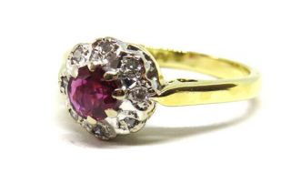 18ct Yellow Gold Ruby 0.  33ct & Diamond Cluster Engagement Ring SIZE K.  5 VINTAGE 2