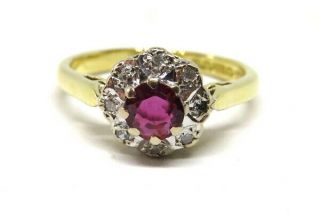 18ct Yellow Gold Ruby 0.  33ct & Diamond Cluster Engagement Ring SIZE K.  5 VINTAGE 5