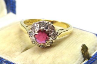 18ct Yellow Gold Ruby 0.  33ct & Diamond Cluster Engagement Ring SIZE K.  5 VINTAGE 6