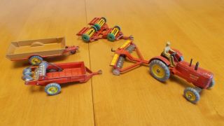 Vintage 5 Piece Dinky Toy Massey Harris Tractor With Four Implements