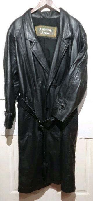 Vtg American Armor Mens Black Leather Trenchcoat Duster Size Xl Double Breasted