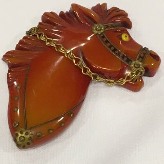 Vintage Carved Overdyed Red Butterscotch Bakelite Horse Pin Brooch 3 " Glass Eye
