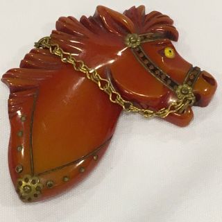 Vintage Carved Overdyed Red Butterscotch Bakelite Horse Pin Brooch 3 
