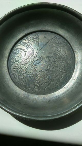 Antique,  Chinese,  Kut Hing Swatow Pewter Pin Dish.  3 1/2 "