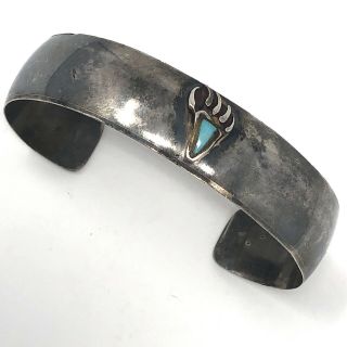 Navajo Cuff Bracelet Bear Paw Print Signed Turquoise 34g 7in Sterling Silver Vtg