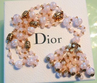 Vtg Christian Dior Grosse Baby Pink Art Glass Tassel 36 " Sautoir Runway Necklace