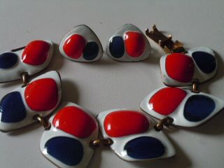 Vintage Kay Denning Red,  White And Blue Enameled Link Bracelet With Matching Clip