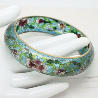 Vintage Plique A Jour Blue & Pink Floral Stained Glass Bangle Bracelet Jewellery