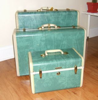 Vintage Samsonite Schwayder Bros 3 Piece Luggage Set Marbled Bermuda Green