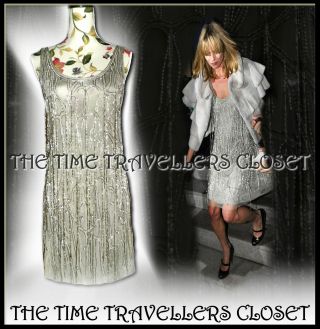 Kate Moss Topshop 1/500 Ltd Vintage Crystal Silver Beaded Flapper Dress Uk 10