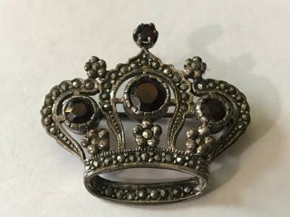 Vintage Sterling Silver Gemstone Garnet Crown Brooch W/ Marcasites