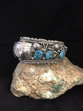 Vintage Sterling Silver And Turquoise Watch Cuff Navajo Joe Paul