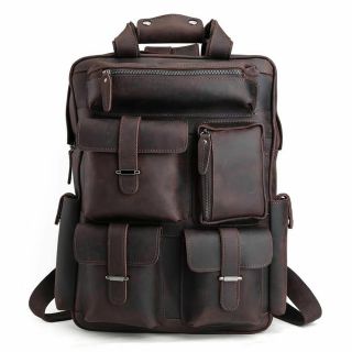 15.  6 " Full Grain Bison Hide Vintage Style Leather Backpack Outdoor Camping Bag