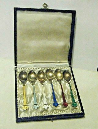 Vtg Mcm Ela Denmark Modern Sterling Silver Shell Guilloche Enamel Set 6 Spoons