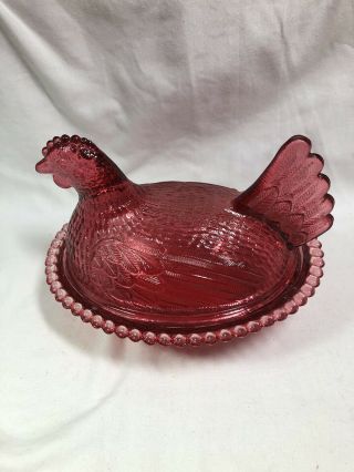 Vintage Indiana Glass Cranberry Hen On Nest
