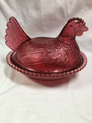 Vintage Indiana Glass Cranberry Hen on Nest 3