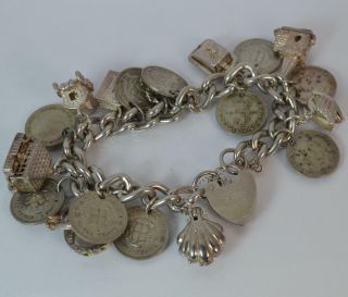 Vintage Solid Silver Ladies Charm Bracelet With Coin Charms & More