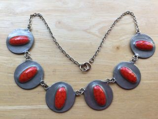 Vintage Arts & Crafts Ruskin Pewter / Red Ceramic Disc Necklace C Early 1900’s