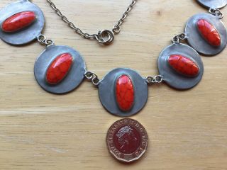Vintage Arts & Crafts Ruskin Pewter / Red Ceramic Disc Necklace c Early 1900’s 3