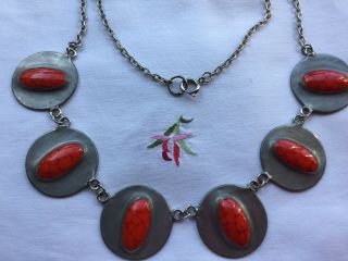 Vintage Arts & Crafts Ruskin Pewter / Red Ceramic Disc Necklace c Early 1900’s 4