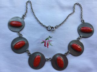 Vintage Arts & Crafts Ruskin Pewter / Red Ceramic Disc Necklace c Early 1900’s 6