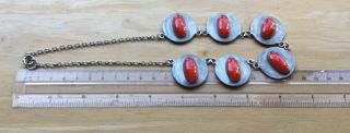 Vintage Arts & Crafts Ruskin Pewter / Red Ceramic Disc Necklace c Early 1900’s 8