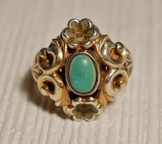 Antique Austro Hungarian Sterling Silver Enamel & Turquoise Ring Size 6.  5 Us