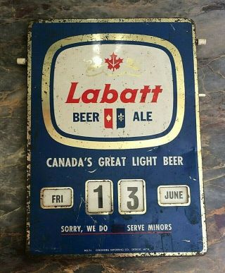 Vintage Labatt Beer Advertising Tin Metal Sign Perpetual Wall Calendar Bar Store