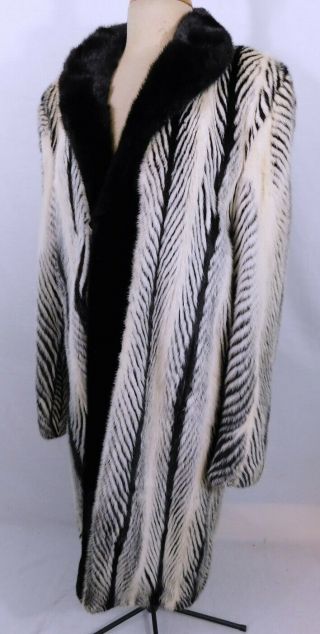 Vintage Luxury Black White Real Mink Zebra Striped Fur Stroller Coat L 3