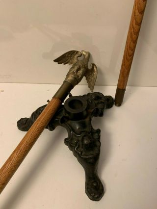Vtg.  Indoor Wooden Flagpole Cast Iron Base & Brass Eagle Top - A