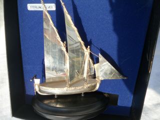 Solid Silver Model Of A Sailing Boat On A Plinth Boxed Hallmarked 925