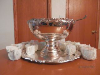 F B Rogers Silver Plated Punch Bowl,  Tray,  Ladle,  20 Cups