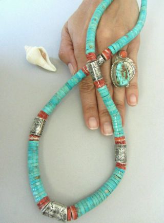 Rare Vintage Navajo Signed Turquoise Spiny Oyster Heishi Sterling Bead Necklace