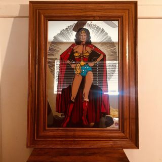 Large Vintage Lynda Carter Wonder Woman Mirror In Wooden Frame