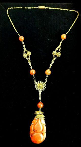 Antique Chinese Carved Red Carnelian Pendant Necklace [18 ",  3 " Drop] W/gold Chain