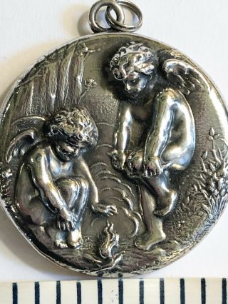Victorian Or Deco Sterling Silver Angels Cherubs Locket Pendant With Chain
