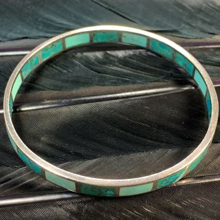 Stunning Estate Sterling Silver Blue Turquoise Fully Inlay Bangle Bracelet 8 "