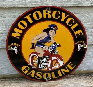 Vintage Signal Motorcycle Gasoline Porcelain Gas Pump Sign