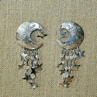 Art Deco Moon & Stars Crystals Signed Tabra Post Earrings Iconic Design
