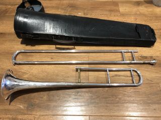 Vintage British Hawkes & Son Excelsior Sonorous Class A Trombone With Its Case.