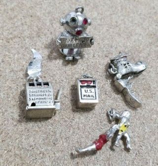 Vtg Sterling Silver Old/antique/rare Movable Charms - Cave Man/slot Machine/robot