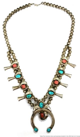 Vintage Sterling Silver Turquoise Coral Native American Squash Blossom Necklace