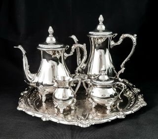 Vintage Silver Plate 5pc Coffee Tea Set Chippendale Tray Baluster Rococo Style