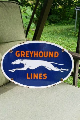 Greyhound Bus Lines Oval Porcelain Sign Vintage Gas Pump Oil Gasoline Station
