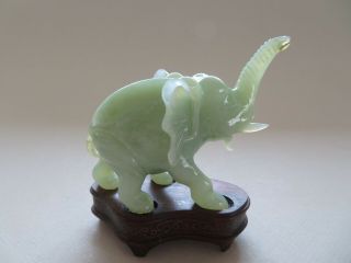 Old Chinese Jade Trunk Up Elephant,  Wood Stand Mid 20th Century - - - -