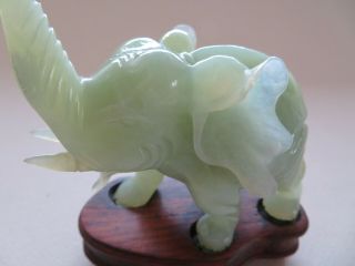 OLD CHINESE JADE TRUNK UP ELEPHANT,  WOOD STAND MID 20TH CENTURY - - - - 3
