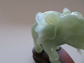 OLD CHINESE JADE TRUNK UP ELEPHANT,  WOOD STAND MID 20TH CENTURY - - - - 6