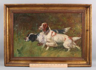 19thc Antique C.  Marshall English Springer Spaniel Bird Hunting Dog Oil Painting